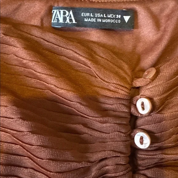 Zara Brown Pleated Long Sleeve Crop Top size-L - Picture 2 of 7